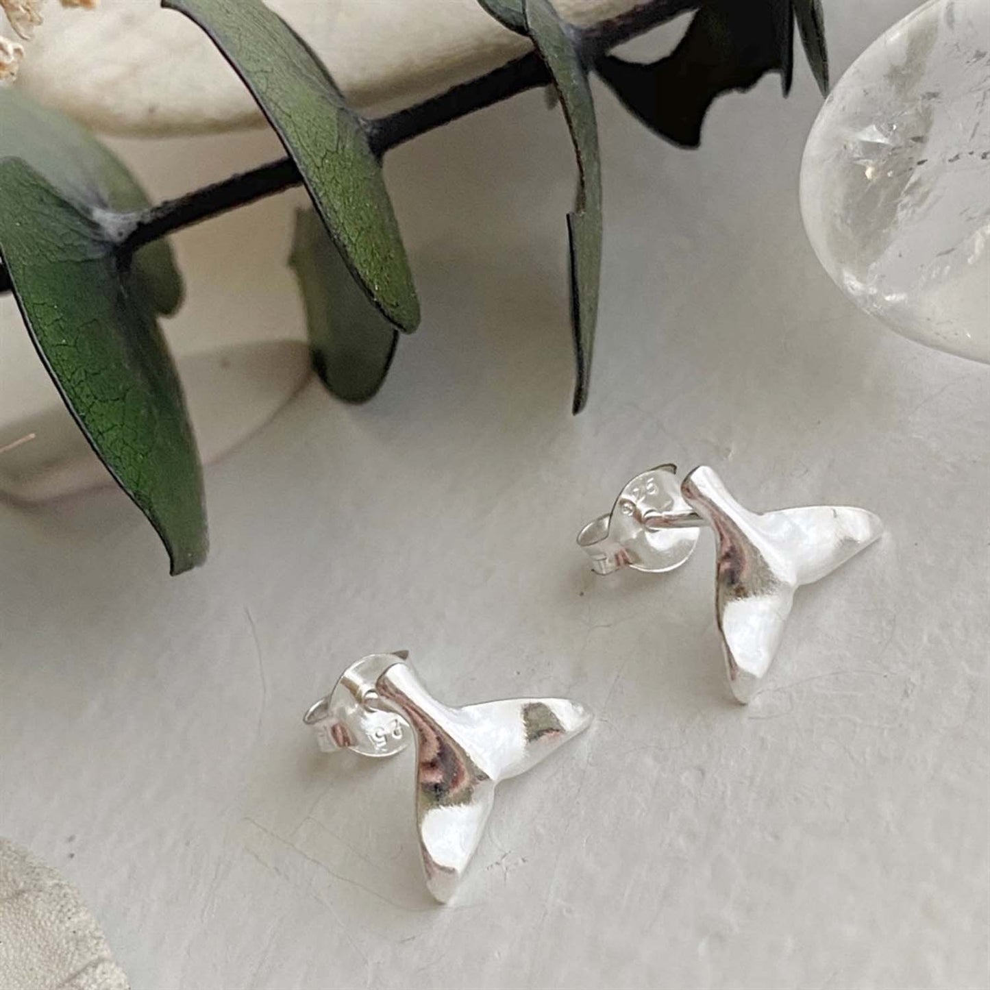 Silver Moby Whale Tail Stud Earrings