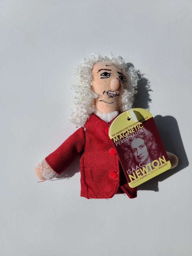 isaac newton magnetic personality finger puppet unemployed philosopher's guild laws of motion gravitation refrigerator fridge puppets storytelling theater fun thumb metal 4" tall quotes