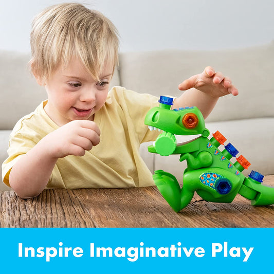Roar into STEM learning with this preschool engineering playset! Includes T-Rex dinosaur with movable mouth and legs, 9 colorful bolts and kid-friendly screwdriver No batteries required