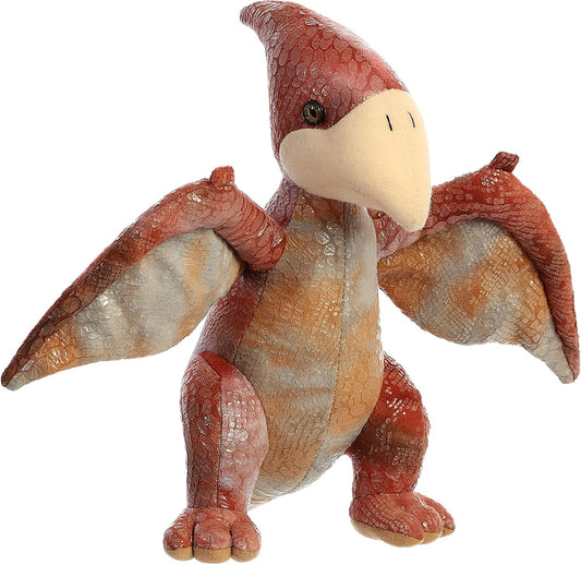 Wings that can take them anywhere, Pteranodon is adventurous and full of wonder. This Pteranodon has large wings and can stand on its hind legs. It has a pointy head and mouth with a marbling of dark maroon, orange, and gray patterned scales.