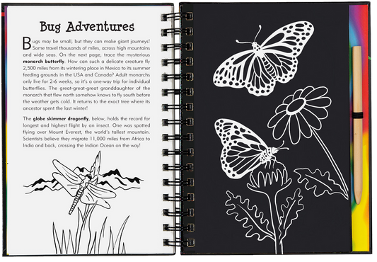 This is a Trace-Along Scratch and Sketch! White outlines on black scratch-off pages create a fun way for younger children (5 and up) to trace each illustration, revealing patterns, swirls, and holographic colors.