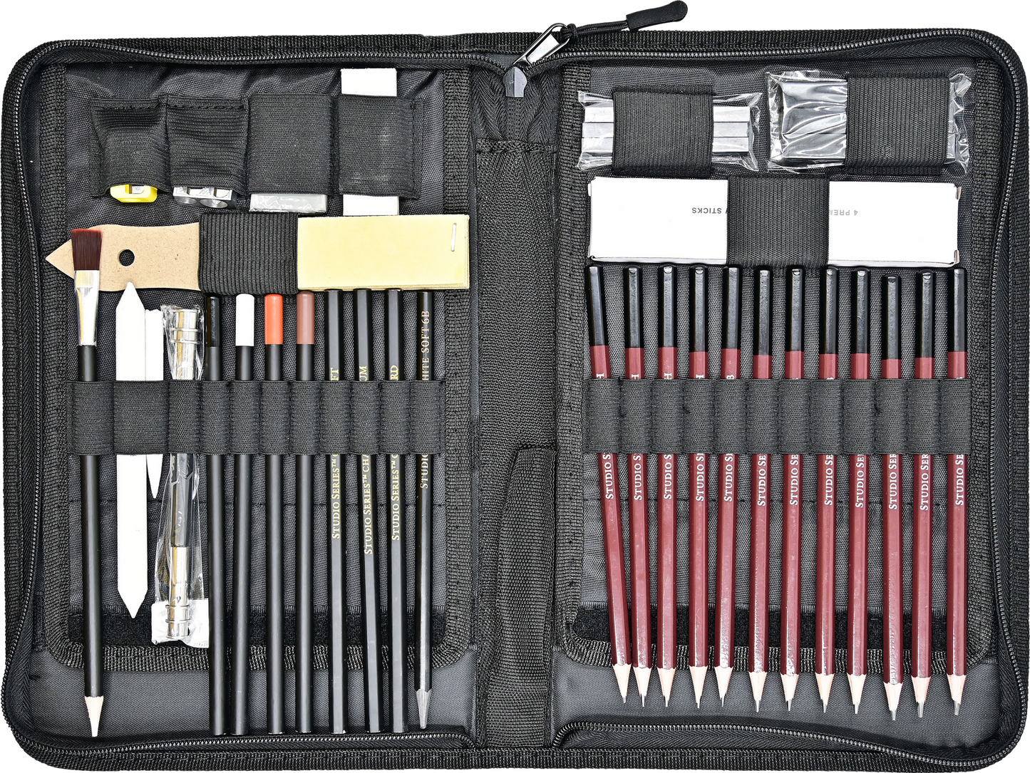 Complete professional drawing and sketching art set includes every tool you need to create amazing sketches. Sturdy zippered case protects and organizes the art supplies included. Set includes 12 graphite pencils, 3 graphite sticks, 1 woodless soft graphite pencil, 1 plastic/vinyl pencil eraser, 1 pencil extender, 3 charcoal pencils, 3 charcoal sticks, 4 charcoal willow sticks, and 1 kneaded charcoal eraser.
