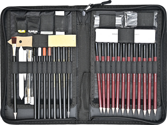 Complete professional drawing and sketching art set includes every tool you need to create amazing sketches. Sturdy zippered case protects and organizes the art supplies included. Set includes 12 graphite pencils, 3 graphite sticks, 1 woodless soft graphite pencil, 1 plastic/vinyl pencil eraser, 1 pencil extender, 3 charcoal pencils, 3 charcoal sticks, 4 charcoal willow sticks, and 1 kneaded charcoal eraser.