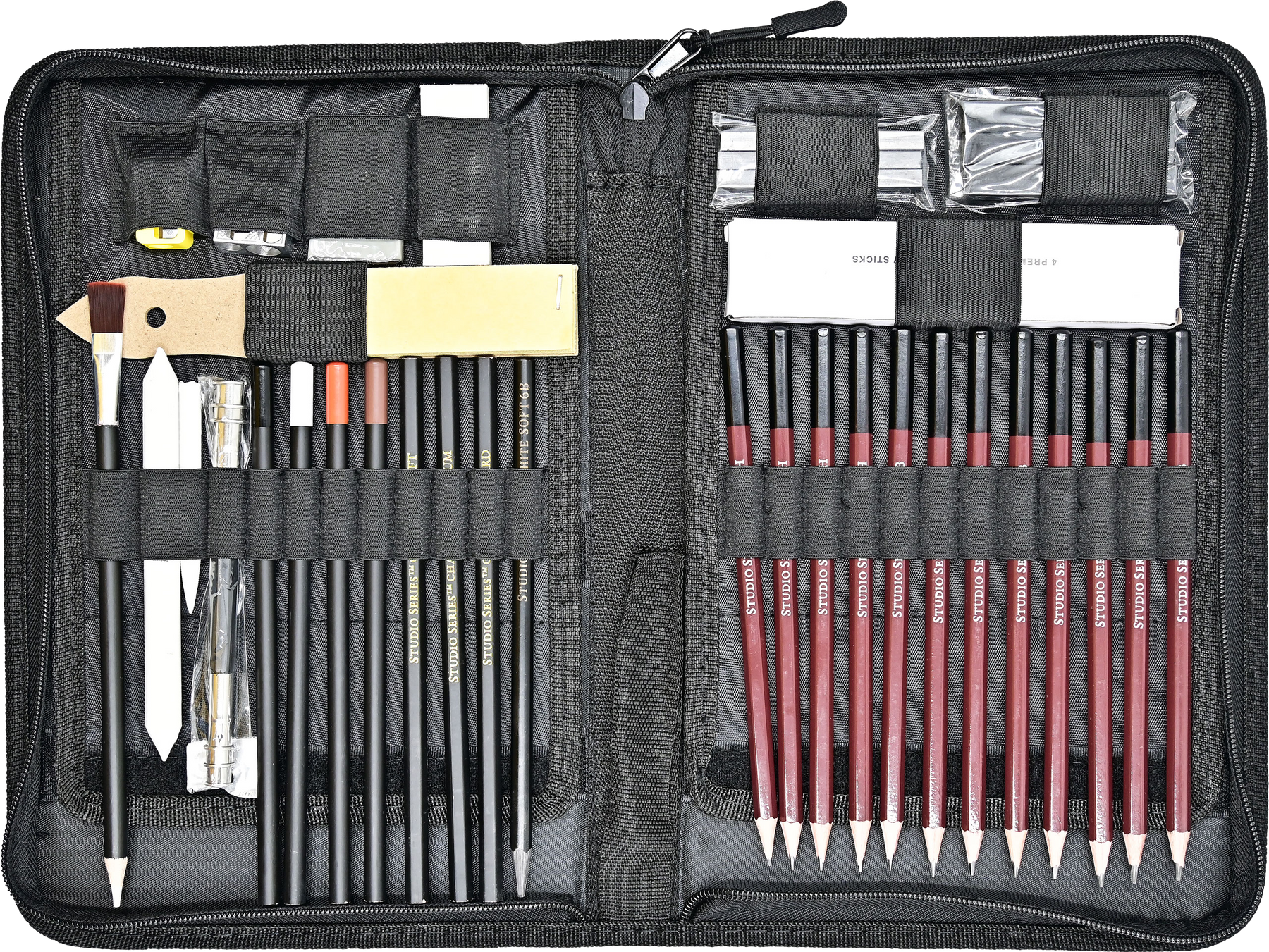 Complete professional drawing and sketching art set includes every tool you need to create amazing sketches. Sturdy zippered case protects and organizes the art supplies included. Set includes 12 graphite pencils, 3 graphite sticks, 1 woodless soft graphite pencil, 1 plastic/vinyl pencil eraser, 1 pencil extender, 3 charcoal pencils, 3 charcoal sticks, 4 charcoal willow sticks, and 1 kneaded charcoal eraser.