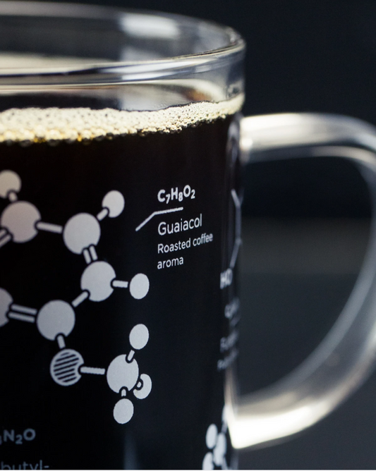 coffee chemistry mug cognitive surplus thesis glass intellectuals thinkers science nerds caffeine 13oz molecules molecular qualities flavors guaiacol roasted aroma diacetyl buttery hand blown unique science mug kitchen glassware glasses gift