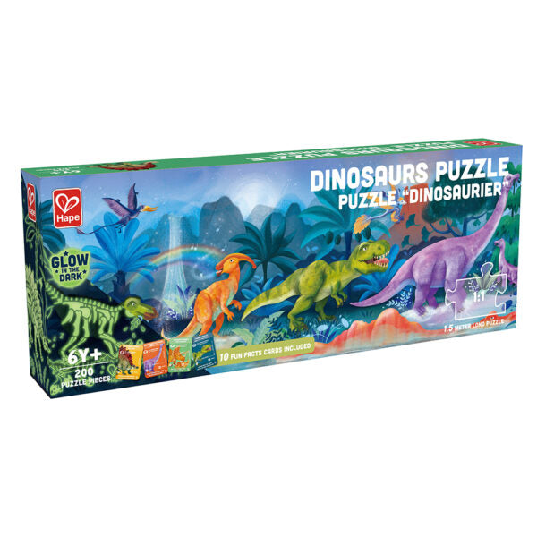 200-piece glow-in-the-dark dinosaur puzzle The puzzle shows dinosaurs and their glowing skeletons in a magical scene when the lights are off