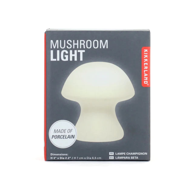 A glowing porcelain mushroom Design: Kikkerland Design Team Material: LED light, ceramic, LR44 batteries (included) Dimensions: dia. 6,9 x 6,9 cm