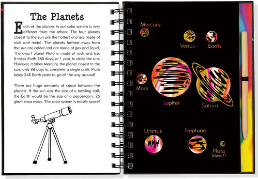 scratch and sketch solar system space outer space planets comets spacecraft glittery swirly glow-in-the-dark colors colorful coloring art artists drawing create creativity creative wooden stylus black-coated paper ages 6+ non-toxic