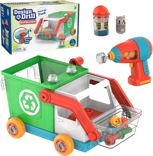 Kids use the kid-safe drill to build the Pick-it-Up Truck, drop the Bolt Buddy driver and his kitty-cat co-pilot into the driver’s seat for some pretend-play fun, then use the drill to activate the lift arm and to pick up bolts and drop them into the truck bed.