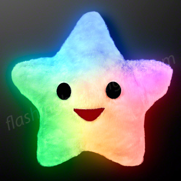 Happy Star Light Up Pillows are cute, comfy and bright!  Very soft and plush to the touch, LED Star Pillows will lull you to sleep, with its magical slow color change light show and adorable face.