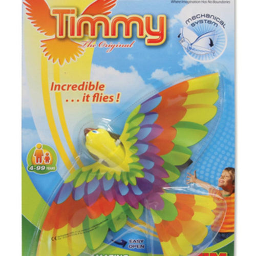 Timmy Bird is an Ornithopter, a mechanical device that flies by flapping its durable, tear-proof wings like a bird. Just wind it up and let it fly up to 25 yards indoors or outside! Tedco Toys introduces the Timmy Bird! A mechanical marvel with a 10 in. wingspan that beats his wings and actually flies up to 25 yards! Timmy is an Ornithopter, a mechanical device that flies by flapping its wings like a bird. It makes a great indoor toy! For ages 4+.
