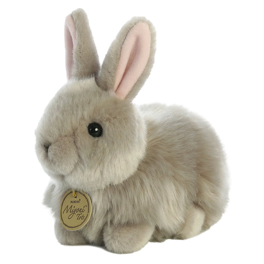 Miyoni features your favorite animals in plush form with a simultaneously realistic and cute design! This Angora Rabbit is cute and lovable with a warm grey, shaggy coat you'll love to pet This bunny has long upright ears that are soft to touch and adorably pink inside In a sitting position, this bunny is ready to hop into your arms