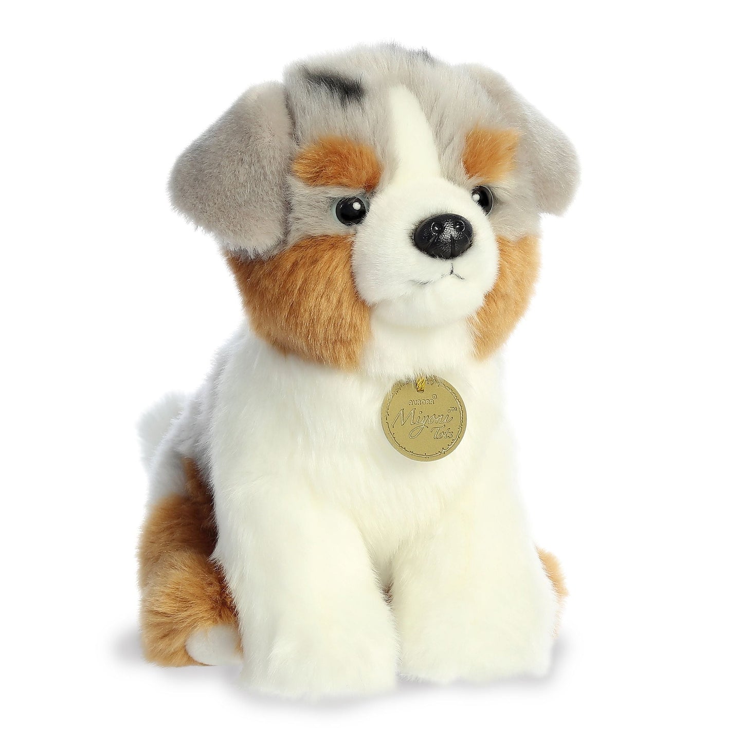 Miyoni features your favorite animals in plush form with a simultaneously realistic and adorable design! This Aussie pup is an Australian Shepherd breed with a mixed color coat and adorable puppy face.