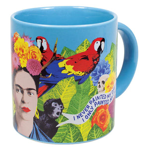 Frida's quote appears in both English (I never painted my dreams, I only painted my own reality) and Spanish (Nunca pinté mis sueños, sólo pinté mi propia realidad). The perfect mug for her many admirers – the realists and the dreamers alike.  Comes in its own gift box. Holds 12 oz / 350mL. Dishwasher and microwave safe.
