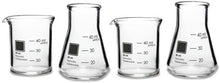 Load image into Gallery viewer, The Periodic Tableware Shot Glass Set is made for serving your ethyl alcohol concoctions with flair and precision.  Contains two Erlenmeyer Flasks and two Beakers, graduated to 40 ml. Made from thick walled laboratory grade borosilicate glass.
