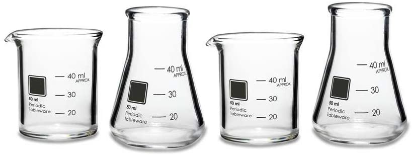 The Periodic Tableware Shot Glass Set is made for serving your ethyl alcohol concoctions with flair and precision.  Contains two Erlenmeyer Flasks and two Beakers, graduated to 40 ml. Made from thick walled laboratory grade borosilicate glass.