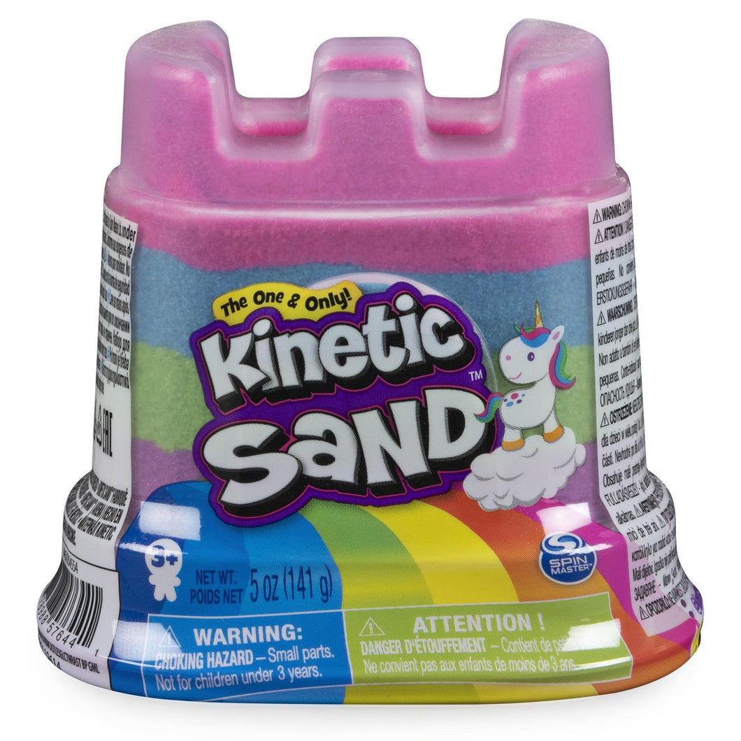Mix, mold and create anything you can imagine with the Kinetic Sand Rainbow Unicorn Single Container! This 5oz castle container includes four colorful layers of Kinetic Sand – the original magical, moldable and mesmerizing sand. It flows through your hands and never dries out so you can play again and again. With a rainbow of Kinetic Sand colors (blue, green, purple and pink), you can squish it, mix it, cut it or mold it – the creative possibilities are endless! 