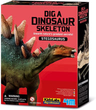Load image into Gallery viewer, Excavate and assemble the skeleton of a dinosaur. Includes a quiz sheet to challenge friends and family. Set includes: 1 plaster block, 1 dinosaur skeleton, 1 digging tool, 1 brush and 1 instruction and quiz sheet product size between 7” – 11”.
