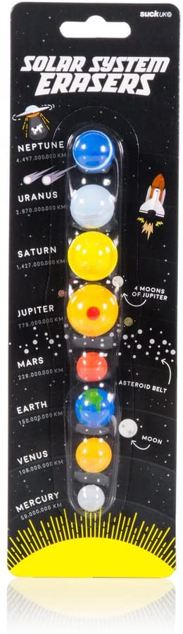 8 Tiny planets made from rubber.  Set of 8 mini erasers shaped like planets An educational gift for budding astrophysicists Neptune, Uranus, Saturn, Jupiter, Mars, Earth, Venus and Mercury