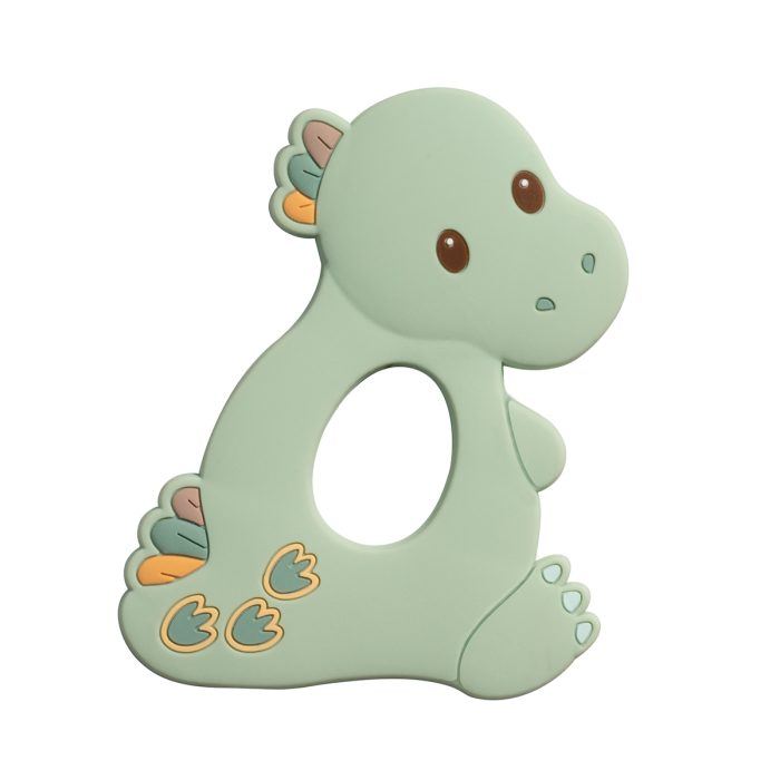 Team up with our plush Danny the Dino Teether toy and scare away those pesky teething pains! Danny offers a pastel yellow ring made of safe, 100% silicone and boasts a soft, chewable texture.