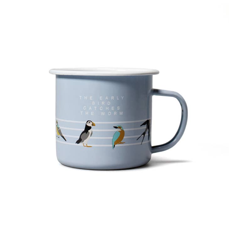 This camping-friendly enamel mug features a beautiful bird design. Its lightweight construction makes it an ideal companion for enjoying your favorite hot beverages while away from home. Durable and easy to clean, the Free as a Bird Enamel Mug is perfect for any outdoor adventure.