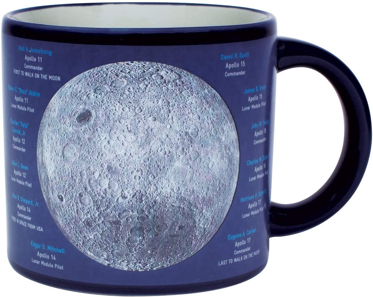 Here are two gorgeous Moon portraits-the "magnificent desolation" of the Near Side and the mysterious terrain of Far Side. When the mug is cold, you see the Moon(s) against a sea of black. Add a steaming beverage and watch the mug transform, revealing the names of Apollo missions, astronauts, landing sites, and milestones. 14 oz. ceramic mug. Comes in a colorful box. Color changing cups are microwave safe, but not dishwasher safe. Hand wash only. Don't soak.