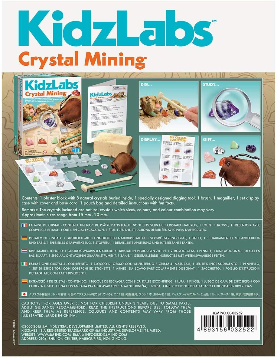 kidzlabs crystal mining kit 4m rock collection excavate educational science kit mineral hunter dig tool treasures tough plaster magnifying glass pouch display case ages 5+ geology geologist colors variety fun learning education science scientist