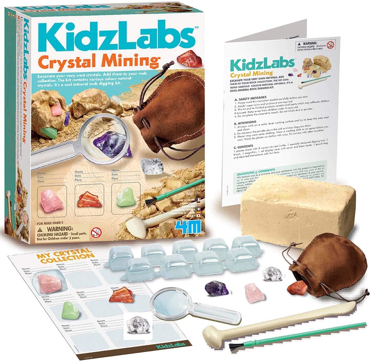 kidzlabs crystal mining kit 4m rock collection excavate educational science kit mineral hunter dig tool treasures tough plaster magnifying glass pouch display case ages 5+ geology geologist colors variety fun learning education science scientist