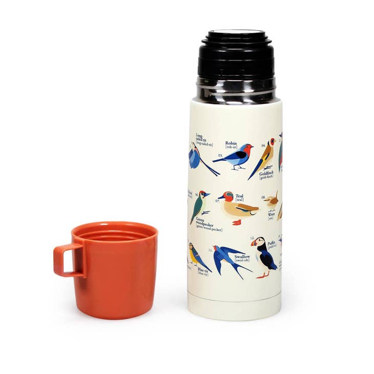Join the flock and enjoy your favorite hot drinks on the go with this thermal flask. The design features an array of beautiful bird illustrations including the puffin, kingfisher and robin. It's the perfect companion while you're out in nature enjoying a bit of bird spotting.
