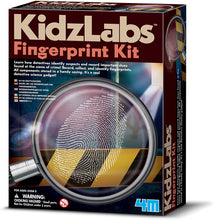Load image into Gallery viewer, kidzlabs fingerprint kit 4m fascinating fingerprint detection detect collect forensics expert finger pint cards dusting powder stamp pad brush stickers plastic case instructions ages 8+ forensical science science kit detective clues crime gadget
