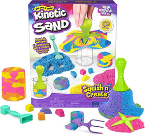 SQUISH AND CREATE SURPRISE DESIGNS: There’s so many ways to play with the Squish N’ Create Playset! Fill the octagon mold, layer sand, squish it, slice it and more! Reveal a new design each time!