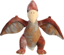 Load image into Gallery viewer, Wings that can take them anywhere, Pteranodon is adventurous and full of wonder. This Pteranodon has large wings and can stand on its hind legs. It has a pointy head and mouth with a marbling of dark maroon, orange, and gray patterned scales.
