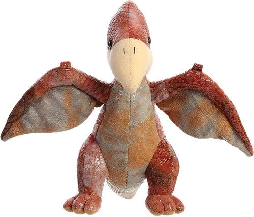 Wings that can take them anywhere, Pteranodon is adventurous and full of wonder. This Pteranodon has large wings and can stand on its hind legs. It has a pointy head and mouth with a marbling of dark maroon, orange, and gray patterned scales.