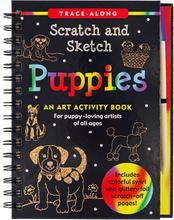 Load image into Gallery viewer, This is a Trace-Along Scratch and Sketch! Use the wooden stylus included to trace the white outlines on the black-coated pages and reveal the glittery foil and rainbow-swirl colors beneath!
