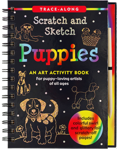 This is a Trace-Along Scratch and Sketch! Use the wooden stylus included to trace the white outlines on the black-coated pages and reveal the glittery foil and rainbow-swirl colors beneath!