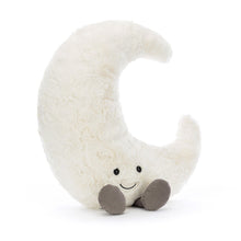 Load image into Gallery viewer, Gorgeously textured with velvety craters, Amuseable Moon is full of fun! A midnight matey for bedtime hugs, this pearly-white pal is curvy and cuddly. With squidgy cord booties, a weighted bottom and a peaceful smile, this moon&#39;s waxing poetic! A magical crescent and a marvellous present.
