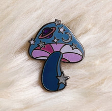 Load image into Gallery viewer, This cosmic mushroom enamel pin will launch you to a psychedelic galaxy! Magical blues &amp; pink accents with sparkly embroidered moon &amp; star details makes this the trippiest, cutest enamel pin!
