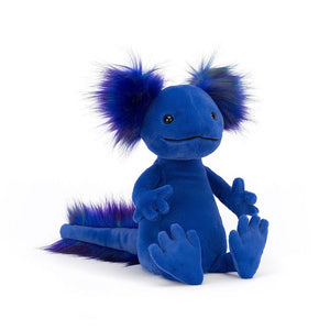 Andie Axolotl is a bold and bubbly scamp who loves to paddle in the river with those big bobbly feet! This funky blue friend comes from Mexico and rocks a rainbow of tufts in electric purple, green and indigo! From fuzzy head to squidgy tail, Andie's a fiesta of fun!