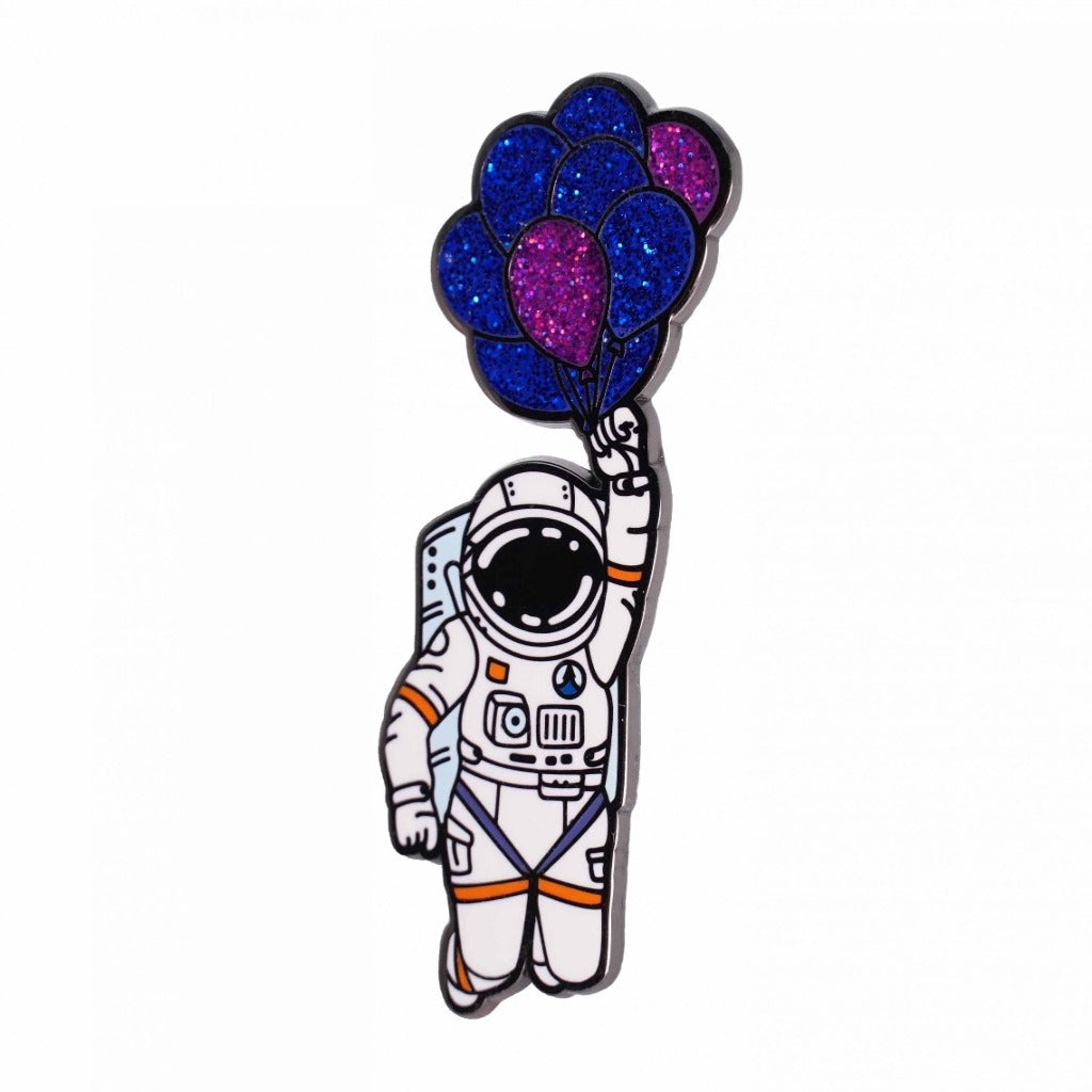 astronaut with balloons enamel pin compoco blue purple float space two pin backs 50mm 2inches unique design style stylish fun cute