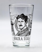 Load image into Gallery viewer, Serbian-American inventor, electrical and mechanical engineer, physicist, and futurist Nikola Tesla is featured on this pint glass. Tesla obtained around 300 patents for his inventions, and claimed that he never slept more than two hours a night. Why waste a third of your life sleeping when you can be getting patents for your inventions?
