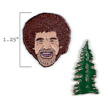 Load image into Gallery viewer, bob ross happy little tree pins unemployed philosopher&#39;s guild happy relaxed create creative art artist celebrity celeb two pins enamel painting paint happiness gift
