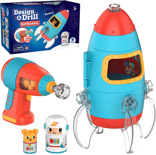 design & drill bolt buddies rocket learning simple construction engineering building fine motor skills tools real working kid safe drill astronaut puppy blast off imagination construction STEM ages 3+ 