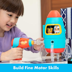 design & drill bolt buddies rocket learning simple construction engineering building fine motor skills tools real working kid safe drill astronaut puppy blast off imagination construction STEM ages 3+