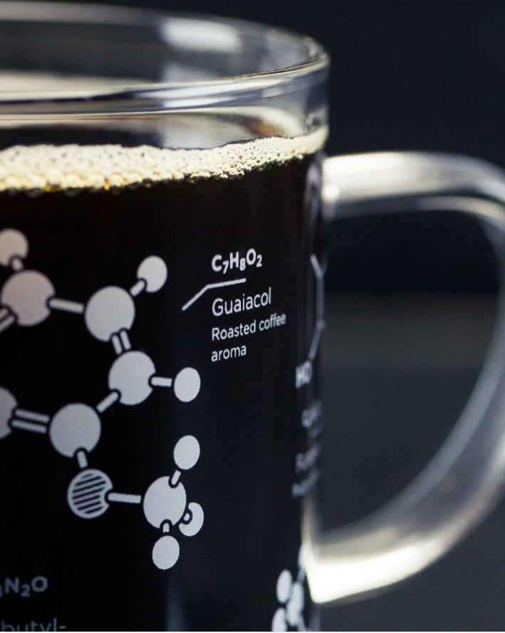 coffee chemistry mug cognitive surplus thesis glass intellectuals thinkers science nerds caffeine 13oz molecules molecular qualities flavors guaiacol roasted aroma diacetyl buttery hand blown unique science mug kitchen glassware glasses gift 