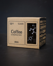Load image into Gallery viewer, coffee chemistry mug cognitive surplus thesis glass intellectuals thinkers science nerds caffeine 13oz molecules molecular qualities flavors guaiacol roasted aroma diacetyl buttery hand blown unique science mug kitchen glassware glasses gift 

