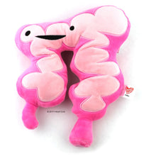 Load image into Gallery viewer, colon plushi heart guts ages 3+ soft snuggly guts neck pillow cough pillow large intestine tube digested food feces microbial ecosystem bacteria facts hangtag unique spark joy nursing nurse nurses medicine medical student doctor doctors happiness gift anatomy

