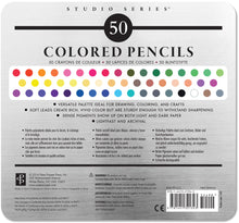 Load image into Gallery viewer, studio series deluxe colored pencil set of 50 peter pauper press creativity vibrant colored pencils premium hues pigments luminous color saturation soft leads smooth blending shading colorists dabblers artists art tin stationary pencil drawing
