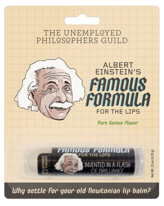 einstein's famous formula for the lips pure genius flavor unemployed philosopher's guild emollient balm invented in a flash of brilliance smoot soft lips probability unflavored scientist science physicist physics 