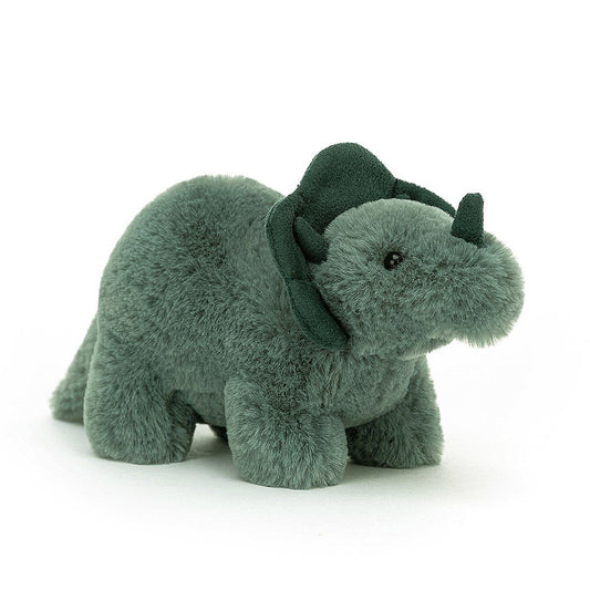 You always know when Fossilly Triceratops is coming - the ground starts to wibble and wobble! This snuggly pal has soft teal fur, three squidgy snoot spikes and a very fine frill, not to mention a lovely long tail!