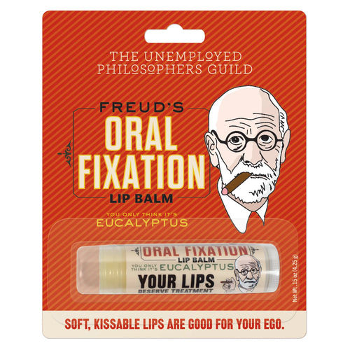 Freud’s Oral Fixation is the lip balm you desire. (That sounded more profound in the original German.) Begins cooling and soothing in the time it takes to say “subliminal.” You’ll feel better after your first session.